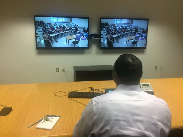 Participant facing two video-conference screens