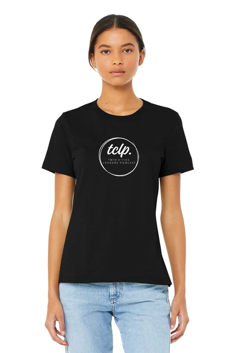 Printed Women’s Relaxed Jersey Tee: Black with Twin Cities Leaders Podcast Circle front